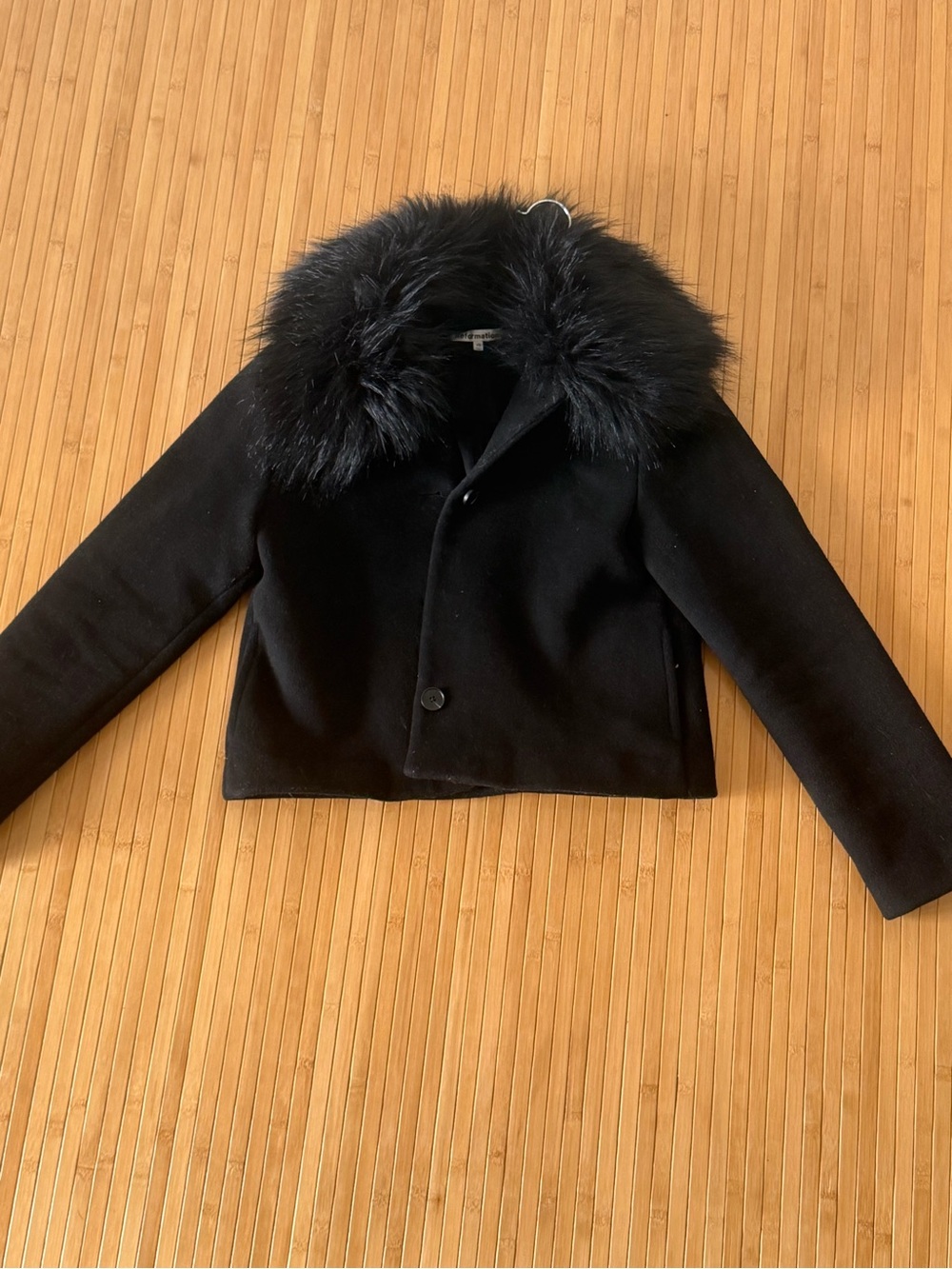 Reformation Black Cropped Pea Coat with Faux Fur Collar